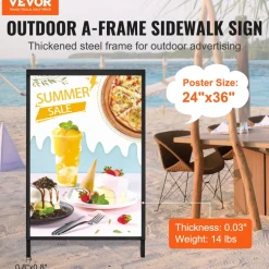 VEVOR A Frame Sidewalk Sign, 24x36 Inch Heavy Duty Slide-in Signboard Holder, Double-Sided Folding Sandwich Board Signs, Steel Pavement Sign Poster for Outdoor Business Street Advertising (Frame only)