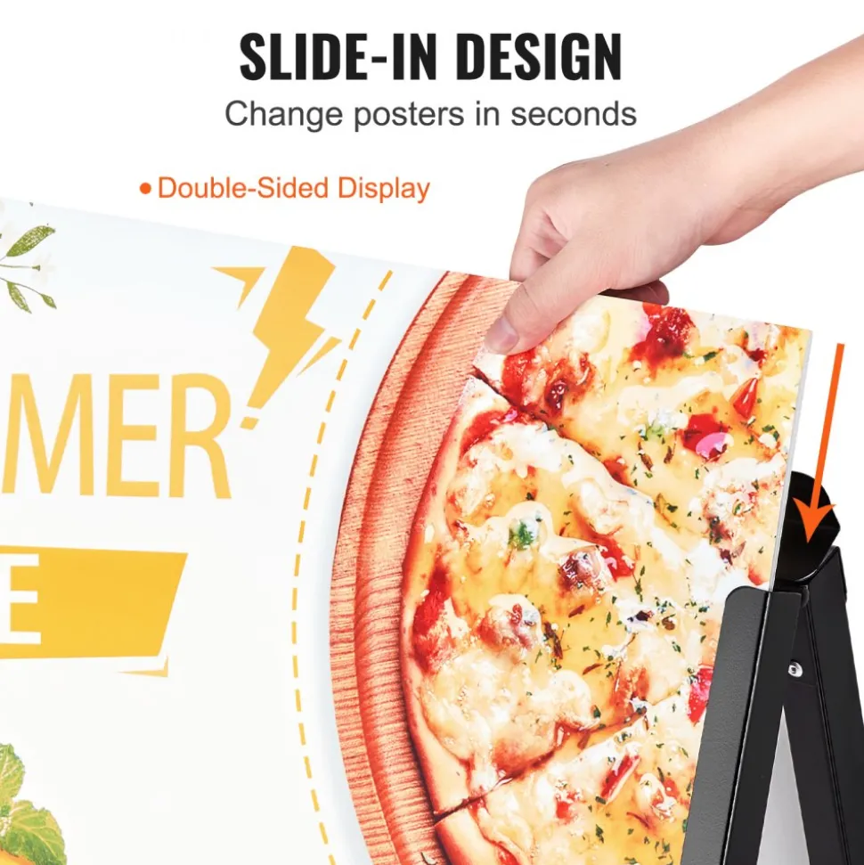 VEVOR A Frame Sidewalk Sign, 24x36 Inch Heavy Duty Slide-in Signboard Holder, Double-Sided Folding Sandwich Board Signs, Steel Pavement Sign Poster for Outdoor Business Street Advertising (Frame only)