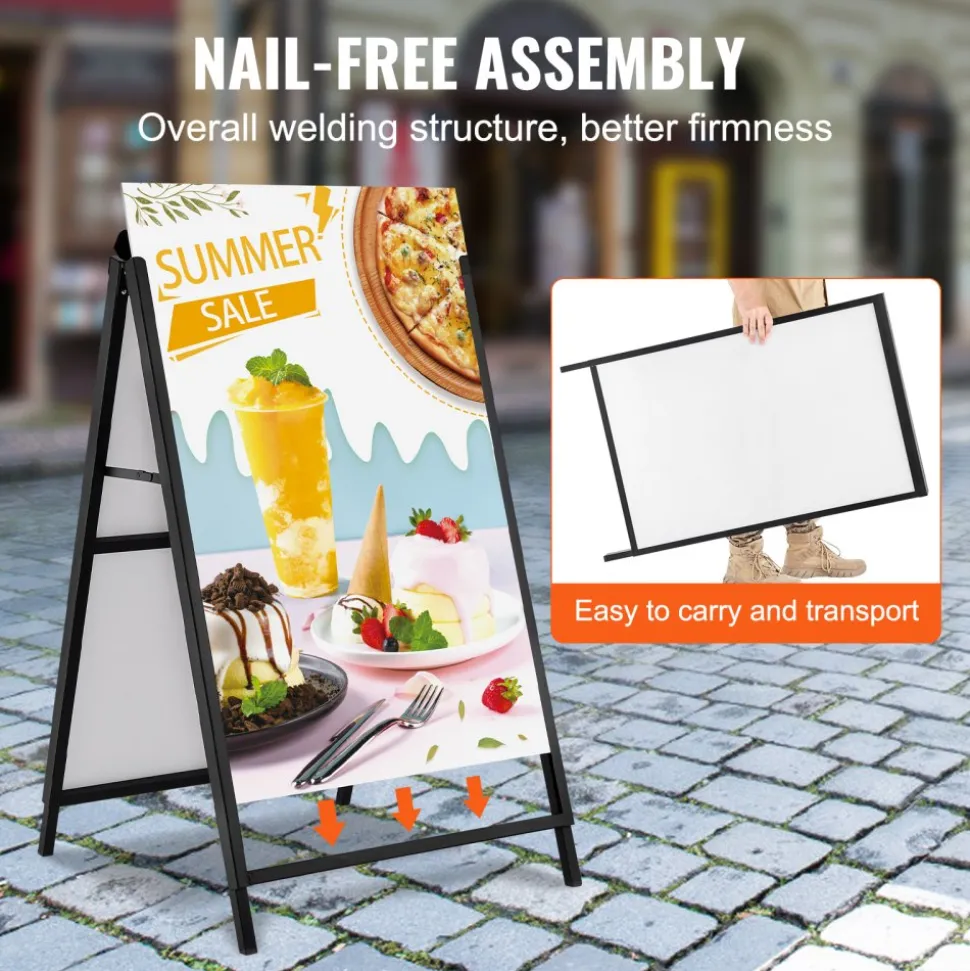 VEVOR A Frame Sidewalk Sign, 24x36 Inch Heavy Duty Slide-in Signboard Holder, Double-Sided Folding Sandwich Board Signs, Steel Pavement Sign Poster for Outdoor Business Street Advertising (Frame only)