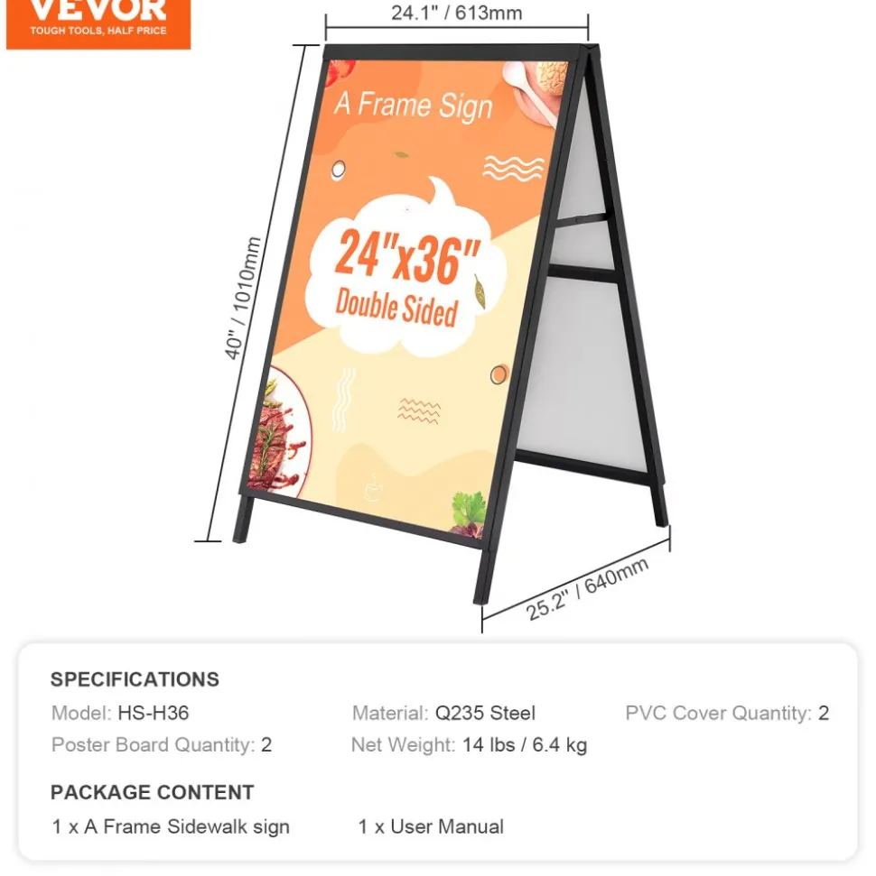 VEVOR A Frame Sidewalk Sign, 24x36 Inch Heavy Duty Slide-in Signboard Holder, Double-Sided Folding Sandwich Board Signs, Steel Pavement Sign Poster for Outdoor Business Street Advertising (Frame only)