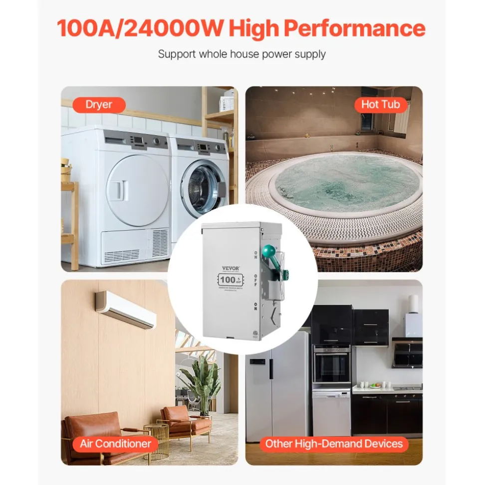 VEVOR 100A Generator Transfer Switch, 24000W Manual Transfer Switch, Heavy Duty Double-Throw Power Transfer Switch 120/240V, Meeting NEMA 3R Standards, for Outdoor, Indoor, and Portable Generator