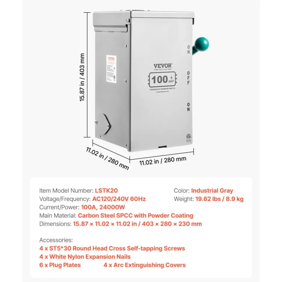 VEVOR 100A Generator Transfer Switch, 24000W Manual Transfer Switch, Heavy Duty Double-Throw Power Transfer Switch 120/240V, Meeting NEMA 3R Standards, for Outdoor, Indoor, and Portable Generator