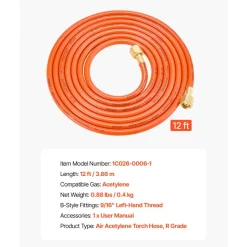 VEVOR Air Acetylene Torch Hose, 1/8-Inch x 12FT Acetylene Welding Hose with 9/16