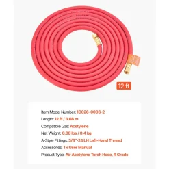 VEVOR Air Acetylene Torch Hose, 3/16-Inch x 12FT Acetylene Welding Hose with 3/8