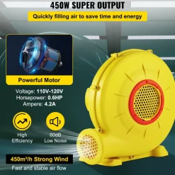 VEVOR Air Blower, 450W 0.6HP Inflatable Blower, Portable and Powerful Bounce House Blower, 1750Pa Commercial Air Blower Pump Fan, Used for Inflatable Bouncy Castle and Jump Tested to UL Standards