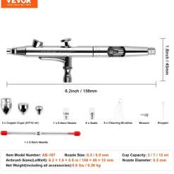 VEVOR Airbrush Gun, Dual Action Gravity Feed with 0.3 mm and 0.5 mm Nozzles, Airbrush Kit with 2/7/12ml Copper Cups and Cleaning Accessories, Ideal for Painting Models, Desserts, Cakes, and Nail Art
