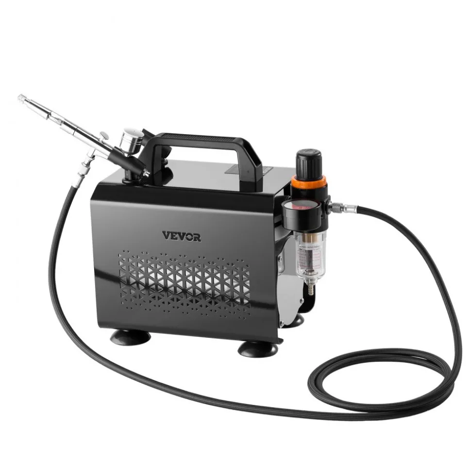 VEVOR Airbrush Kit, 1/6 HP, Air Brush Kit with Air Compressor, 3 Dual-Action Professional Airbrushes with 3 Tips, Hose, Acrylic Paint, 2 Fans, Low Noise, for Cake Decorating, Model Painting, Nail Art