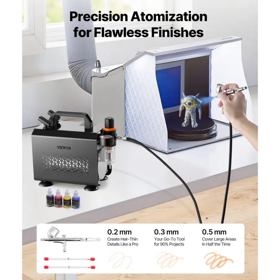 VEVOR Airbrush Kit, 1/6 HP, Air Brush Kit with Air Compressor, 3 Dual-Action Professional Airbrushes with 3 Tips, Hose, Acrylic Paint, 2 Fans, Low Noise, for Cake Decorating, Model Painting, Nail Art