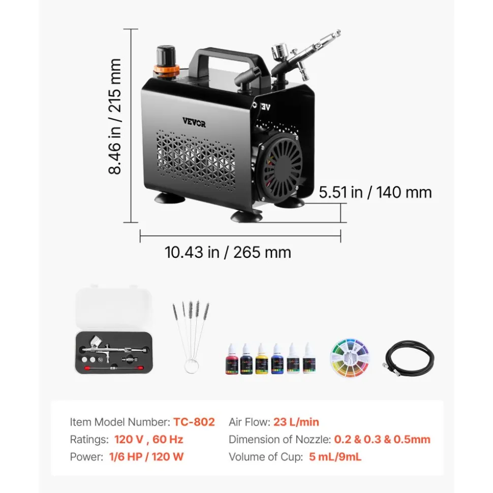 VEVOR Airbrush Kit, 1/6 HP, Air Brush Kit with Air Compressor, 3 Dual-Action Professional Airbrushes with 3 Tips, Hose, Acrylic Paint, 2 Fans, Low Noise, for Cake Decorating, Model Painting, Nail Art