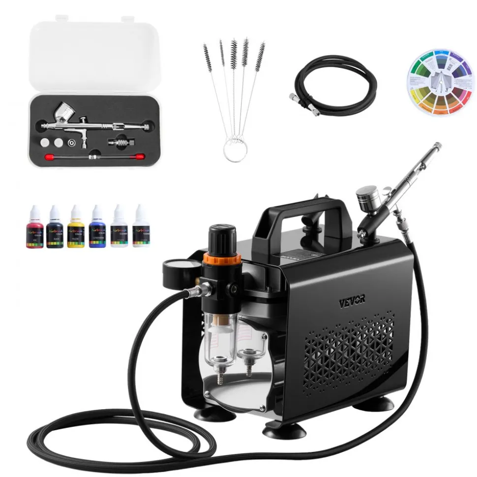 VEVOR Airbrush Kit, 1/6 HP, Air Brush Kit with Air Compressor, 3 Dual-Action Professional Airbrushes with 3 Tips, Hose, Acrylic Paint, 2 Fans, Low Noise, for Cake Decorating, Model Painting, Nail Art