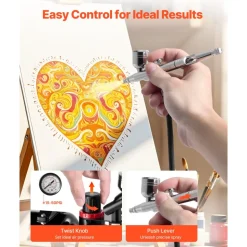 VEVOR Airbrush Kit, 1/6 HP, Air Brush Kit with Air Compressor and Tank, 1 Dual-Action Professional Airbrush with 3 Tips, Acrylic Paint, Low Noise, for Cake Decorating, Model Painting, Nail Art