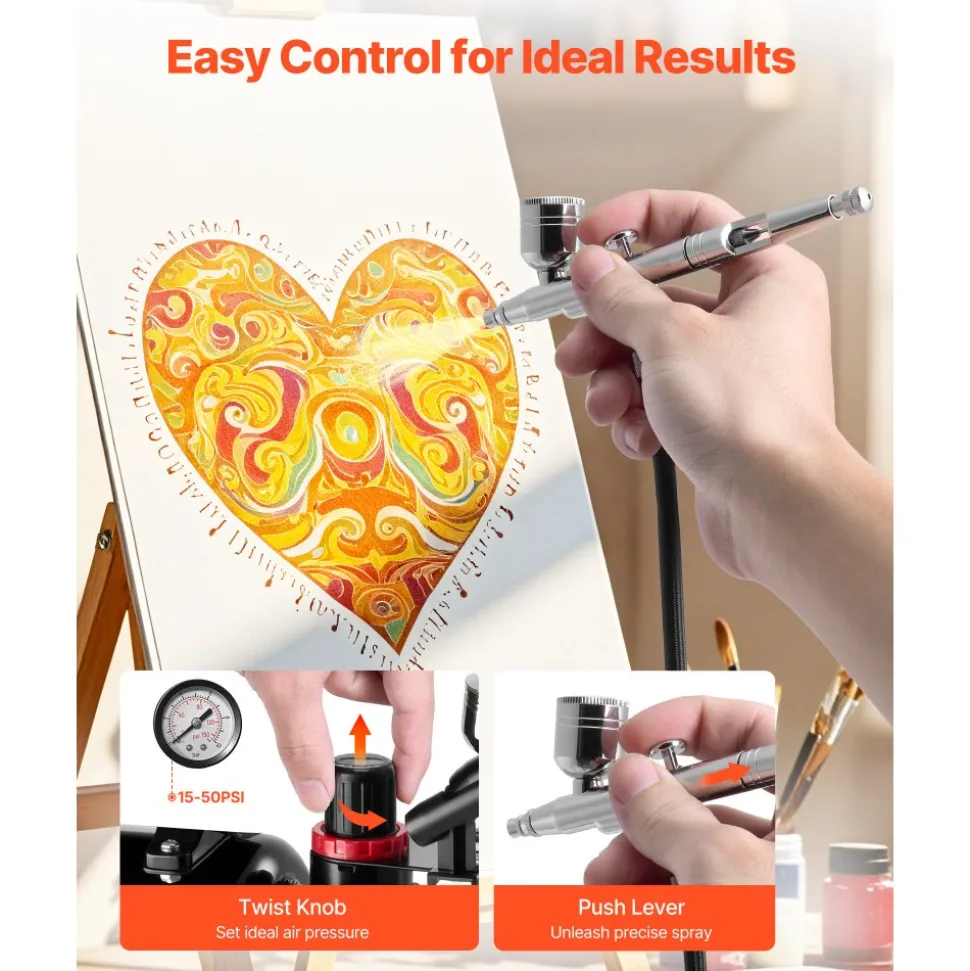 VEVOR Airbrush Kit, 1/6 HP, Air Brush Kit with Air Compressor, 3 Dual-Action Professional Airbrushes with 3 Tips, Hose, Acrylic Paint, Brush, Low Noise, for Cake Decorating, Model Painting, Nail Art