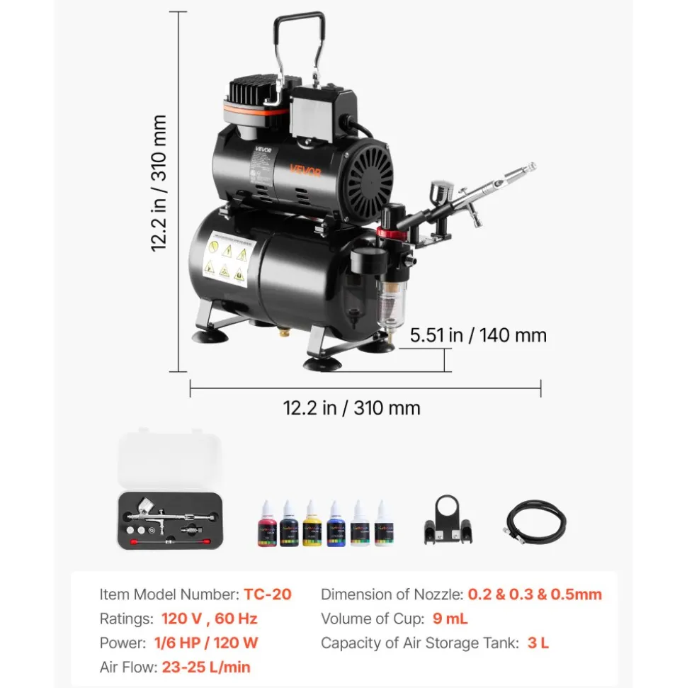 VEVOR Airbrush Kit, 1/6 HP, Air Brush Kit with Air Compressor, 3 Dual-Action Professional Airbrushes with 3 Tips, Hose, Acrylic Paint, Brush, Low Noise, for Cake Decorating, Model Painting, Nail Art