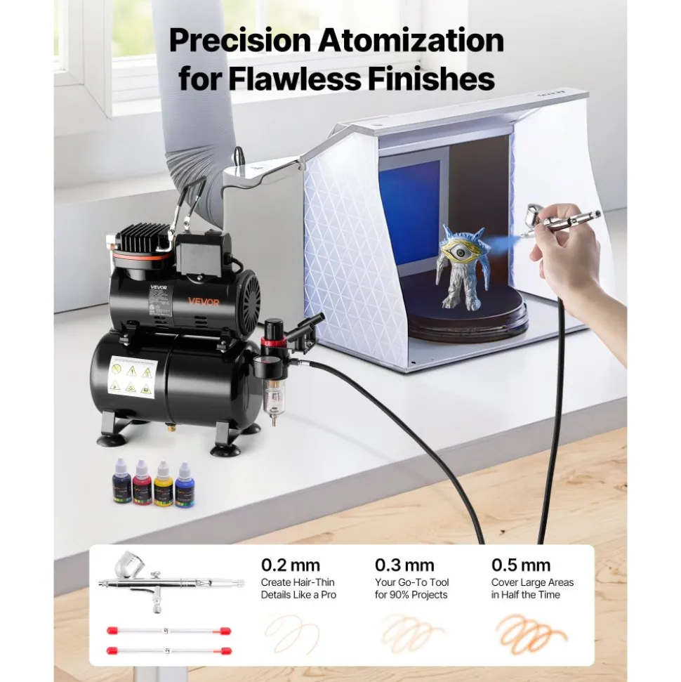 VEVOR Airbrush Kit, 1/6 HP, Air Brush Kit with Air Compressor, 3 Dual-Action Professional Airbrushes with 3 Tips, Hose, Acrylic Paint, Brush, Low Noise, for Cake Decorating, Model Painting, Nail Art