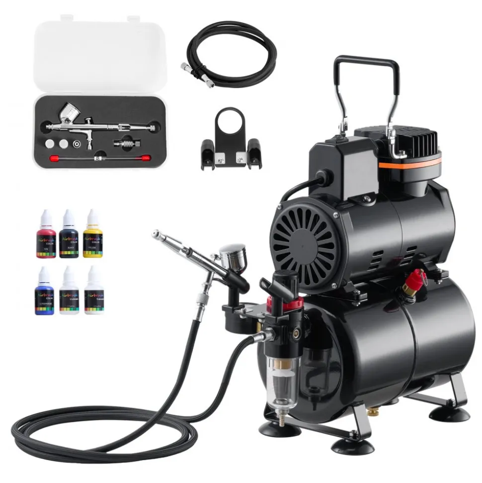 VEVOR Airbrush Kit, 1/6 HP, Air Brush Kit with Air Compressor, 3 Dual-Action Professional Airbrushes with 3 Tips, Hose, Acrylic Paint, Brush, Low Noise, for Cake Decorating, Model Painting, Nail Art