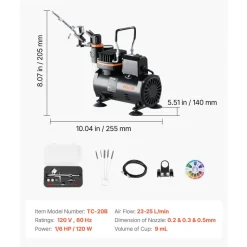 VEVOR Airbrush Kit, 1/6 HP, Air Brush Kit with Air Compressor and Tank, 1 Dual-Action Professional Airbrush with 1 Tip, Hose, Acrylic Paint, 2 Fans, for Cake Decorating, Model Painting, Nail Art