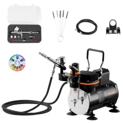 VEVOR Airbrush Kit, 1/6 HP, Air Brush Kit with Air Compressor and Tank, 1 Dual-Action Professional Airbrush with 1 Tip, Hose, Acrylic Paint, 2 Fans, for Cake Decorating, Model Painting, Nail Art