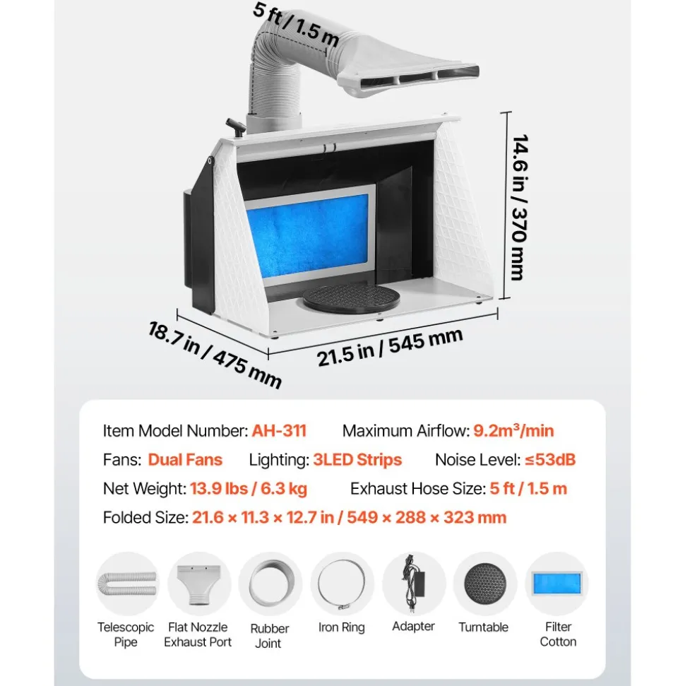 VEVOR Airbrush Spray Booth, Dual Fans, 21.5 x 18.7 x 14.6 in, Portable Hobby Airbrush Paint Spray Booth Kit with 3 LED Lights and Exhaust Extension Hose, for Painting Models, Arts, Crafts, Cakes