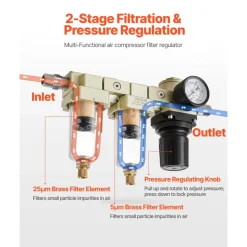 VEVOR Air Compressor Filter Regulator, 3/8" NPT Dual Stage Air-Drying System with 25μm + 5μm Brass Filter Element, Semi-Auto Drain Air Compressor Water Separator 145PSI Max Working Pressure, Poly Bowl