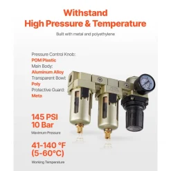 VEVOR Air Compressor Filter Regulator, 3/8" NPT Dual Stage Air-Drying System with 25μm + 5μm Brass Filter Element, Semi-Auto Drain Air Compressor Water Separator 145PSI Max Working Pressure, Poly Bowl