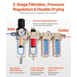 VEVOR Air Compressor Filter Regulator, 1/2" NPT 3-Stage 5μm & 0.3μm & 0.1μm Air Drying System with Micron Filters and Desiccant Dryer, Auto Drain Air Compressor Water Separator 175PSI Max Pressure