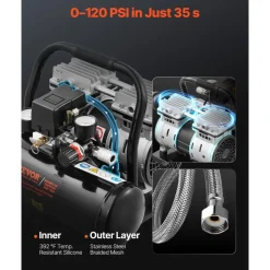 VEVOR Air Compressor, 1 Gallon Steel Tank, 1HP 1.5 CFM 90PSI Oil Free Air Compressor & Max. 120PSI Pressure, 78dB Ultra Quiet Portable Compressor, for Auto Repair, Tire Inflation, Spray Painting