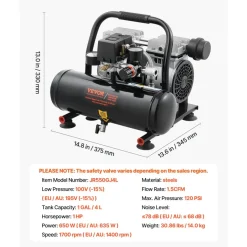 VEVOR Air Compressor, 1 Gallon Steel Tank, 1HP 1.5 CFM 90PSI Oil Free Air Compressor & Max. 120PSI Pressure, 78dB Ultra Quiet Portable Compressor, for Auto Repair, Tire Inflation, Spray Painting