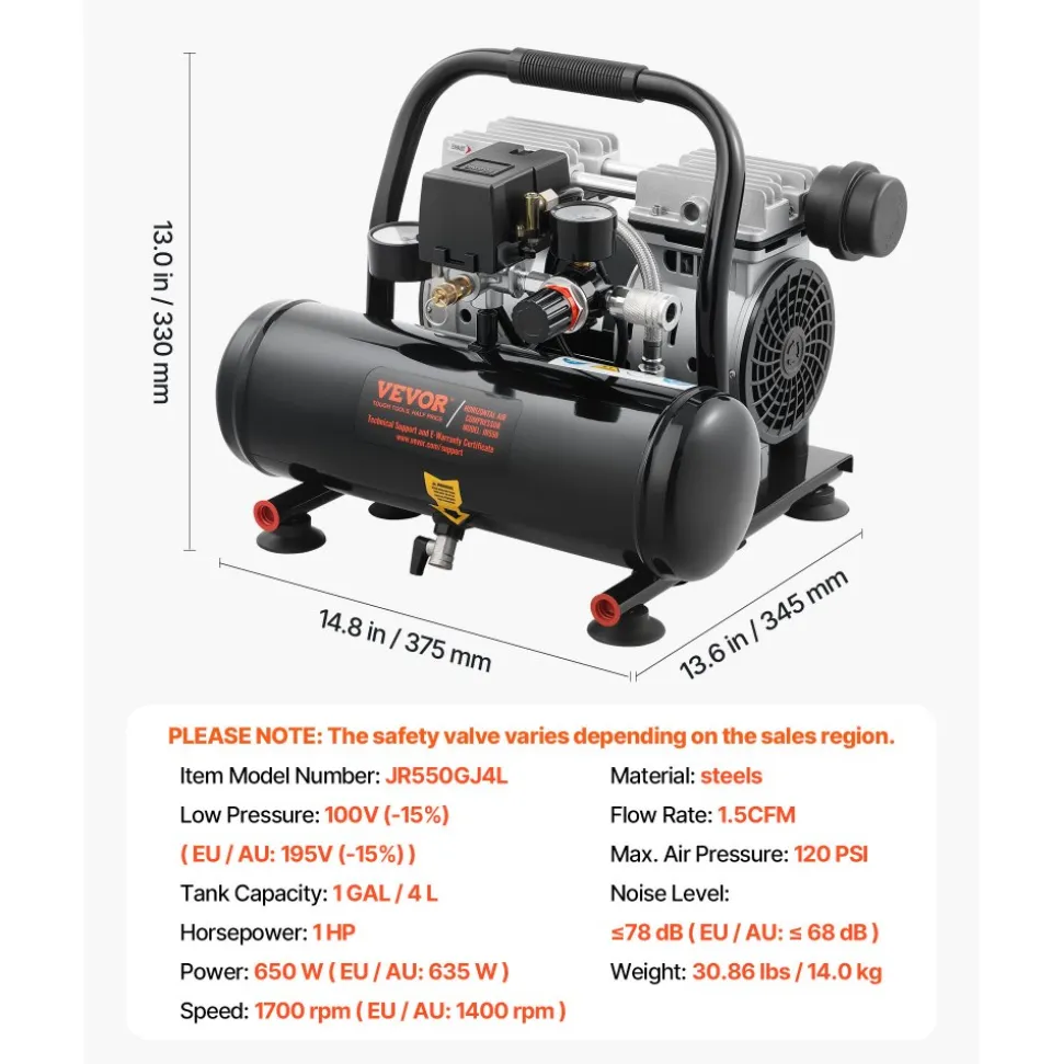 VEVOR Air Compressor, 1 Gallon Steel Tank, 1HP 1.5 CFM 90PSI Oil Free Air Compressor & Max. 120PSI Pressure, 78dB Ultra Quiet Portable Compressor, for Auto Repair, Tire Inflation, Spray Painting