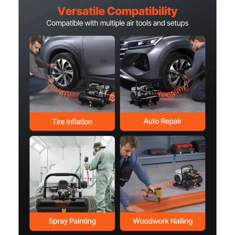 VEVOR Air Compressor, 1 Gallon Steel Tank, 1HP 1.5 CFM 90PSI Oil Free Air Compressor & Max. 120PSI Pressure, 78dB Ultra Quiet Portable Compressor, for Auto Repair, Tire Inflation, Spray Painting