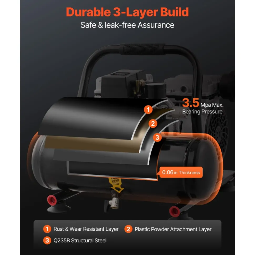 VEVOR Air Compressor, 1 Gallon Steel Tank, 1HP 1.5 CFM 90PSI Oil Free Air Compressor & Max. 120PSI Pressure, 78dB Ultra Quiet Portable Compressor, for Auto Repair, Tire Inflation, Spray Painting