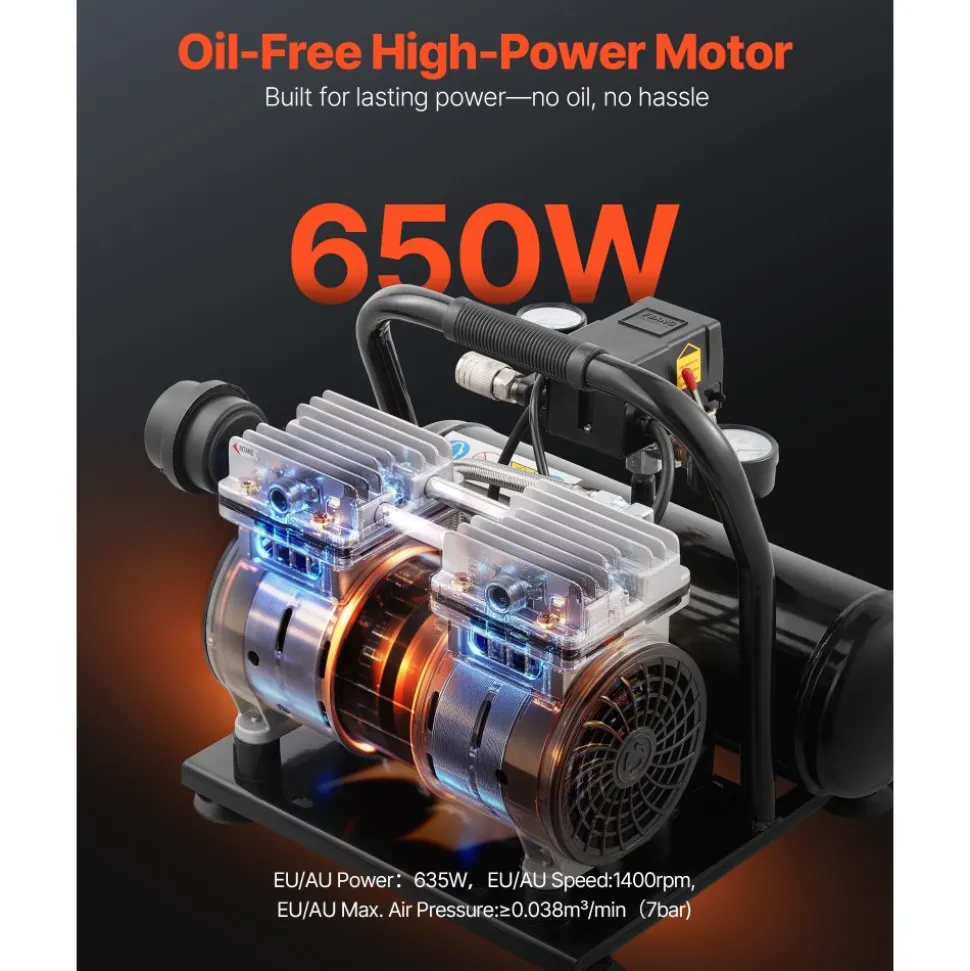 VEVOR Air Compressor, 1 Gallon Steel Tank, 1HP 1.5 CFM 90PSI Oil Free Air Compressor & Max. 120PSI Pressure, 78dB Ultra Quiet Portable Compressor, for Auto Repair, Tire Inflation, Spray Painting