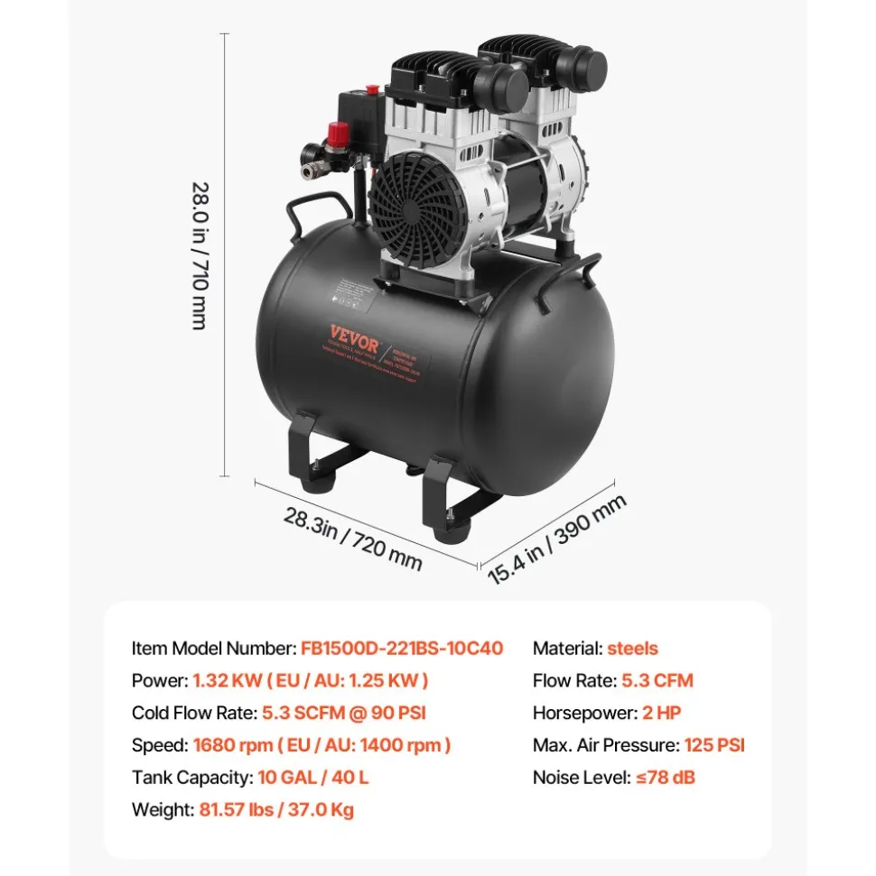 VEVOR Air Compressor, 10 Gallon Steel Tank, 2HP 5.3 CFM@90 PSI Oil Free Air Compressor & Max. 125PSI Pressure, 78dB Ultra Quiet Portable Compressor, for Auto Repair, Tire Inflation, Spray Painting