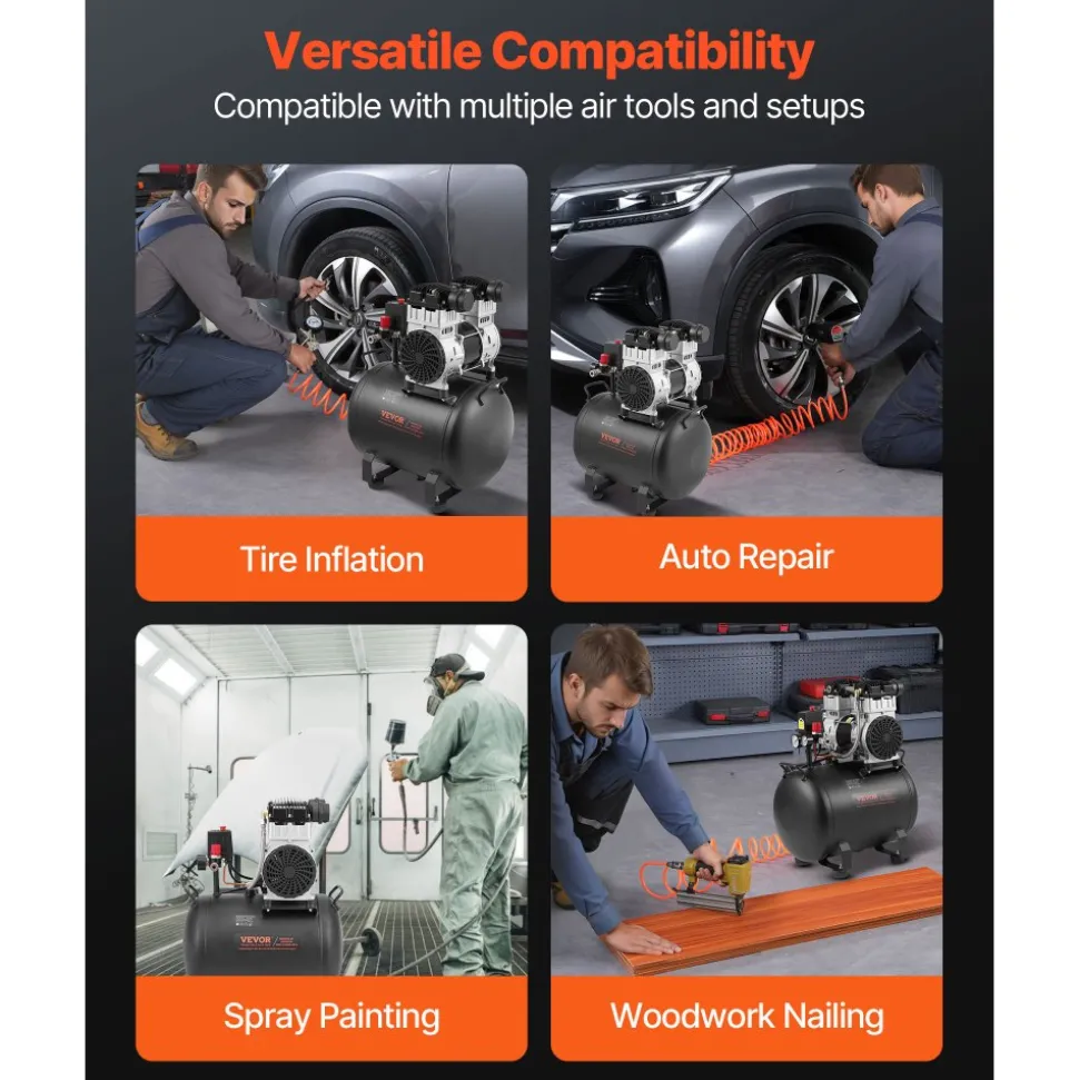 VEVOR Air Compressor, 10 Gallon Steel Tank, 2HP 5.3 CFM@90 PSI Oil Free Air Compressor & Max. 125PSI Pressure, 78dB Ultra Quiet Portable Compressor, for Auto Repair, Tire Inflation, Spray Painting