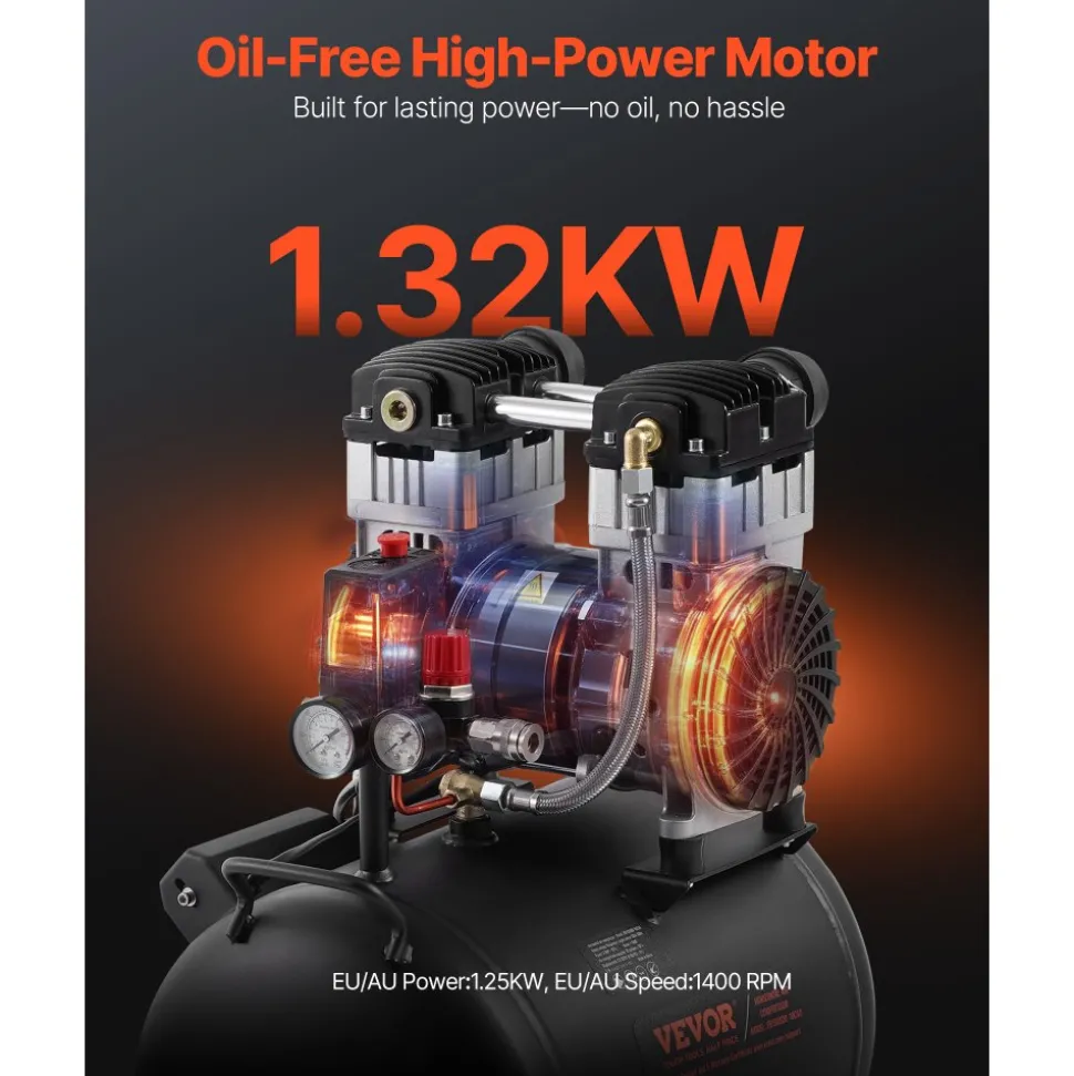 VEVOR Air Compressor, 10 Gallon Steel Tank, 2HP 5.3 CFM@90 PSI Oil Free Air Compressor & Max. 125PSI Pressure, 78dB Ultra Quiet Portable Compressor, for Auto Repair, Tire Inflation, Spray Painting