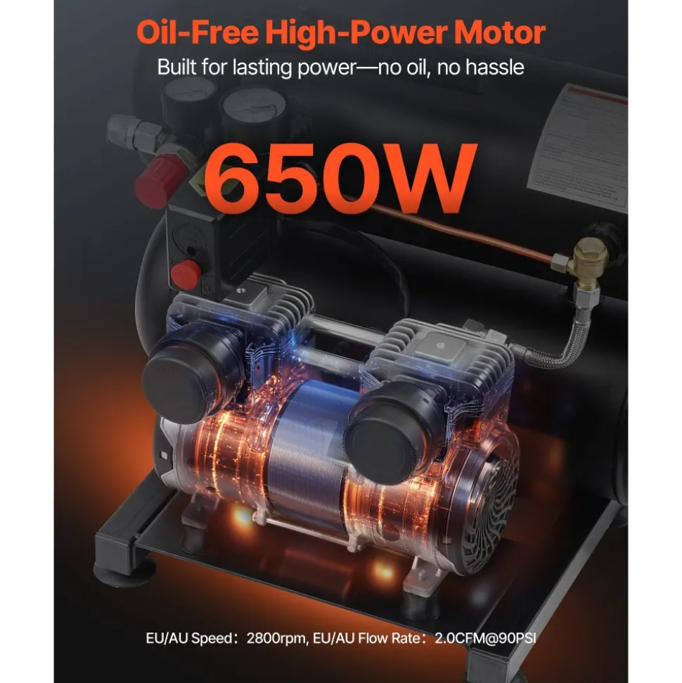 VEVOR Air Compressor, 4.6 Gallon Steel Tank, 1HP 2.2 CFM@90 PSI Oil Free Air Compressor & Max. 120PSI Pressure, 80dB Ultra Quiet Portable Compressor, for Auto Repair, Tire Inflation, Spray Painting