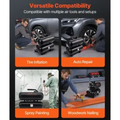 VEVOR Air Compressor, 4.6 Gallon Steel Tank, 1HP 2.2 CFM@90 PSI Oil Free Air Compressor & Max. 120PSI Pressure, 80dB Ultra Quiet Portable Compressor, for Auto Repair, Tire Inflation, Spray Painting