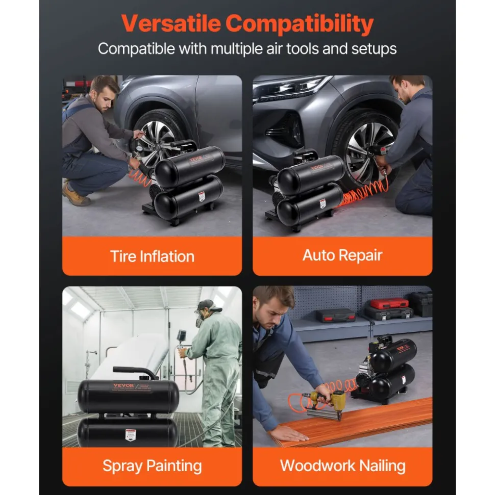 VEVOR Air Compressor, 4.6 Gallon Steel Tank, 1HP 2.2 CFM@90 PSI Oil Free Air Compressor & Max. 120PSI Pressure, 80dB Ultra Quiet Portable Compressor, for Auto Repair, Tire Inflation, Spray Painting