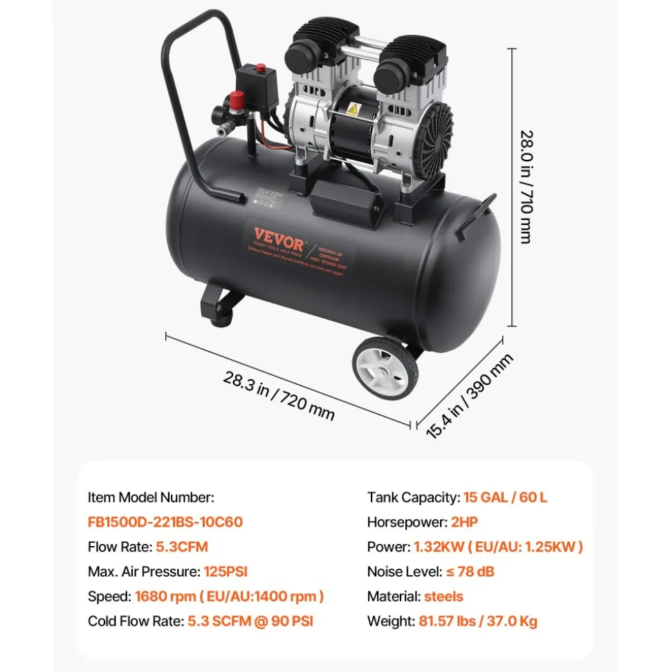 VEVOR Air Compressor, 15 Gallon Steel Tank, 2HP 5.3 CFM@90 PSI Oil Free Air Compressor & Max. 125PSI Pressure, 78dB Ultra Quiet Portable Compressor, for Auto Repair, Tire Inflation, Spray Painting