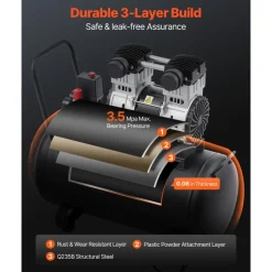VEVOR Air Compressor, 15 Gallon Steel Tank, 2HP 5.3 CFM@90 PSI Oil Free Air Compressor & Max. 125PSI Pressure, 78dB Ultra Quiet Portable Compressor, for Auto Repair, Tire Inflation, Spray Painting