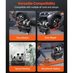 VEVOR Air Compressor, 15 Gallon Steel Tank, 2HP 5.3 CFM@90 PSI Oil Free Air Compressor & Max. 125PSI Pressure, 78dB Ultra Quiet Portable Compressor, for Auto Repair, Tire Inflation, Spray Painting