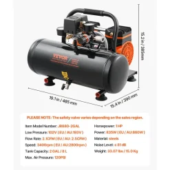 VEVOR Air Compressor, 2 Gallon Steel Tank, 1HP 2.1 CFM 8bar Oil Free Air Compressor & Max. 120PSI Pressure, 81dB Ultra Quiet Portable Compressor, for Auto Repair, Tire Inflation, Spray Painting