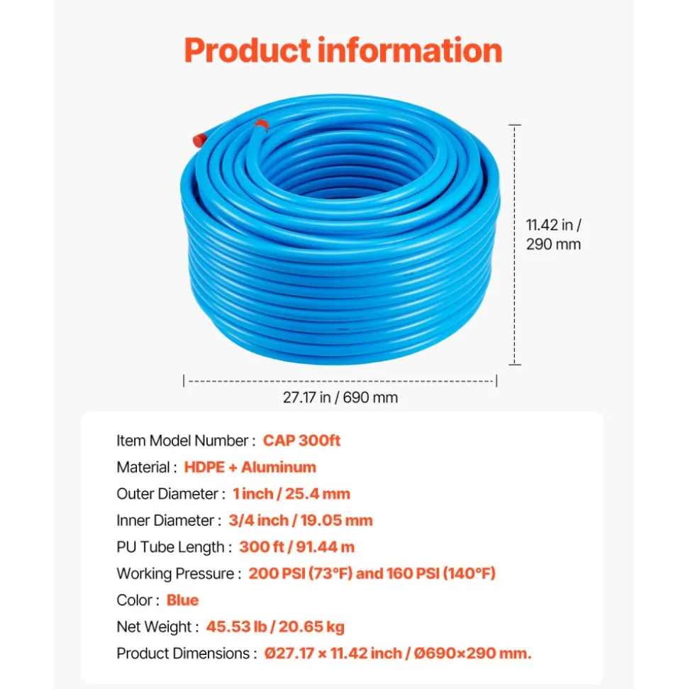 VEVOR Air Compressor Line Kit, 300FT x 3/4", HDPE-Aluminum Compressed Air Piping System, Leak-Proof, Pressure-Resistant & Easy-to-Install, Compressed Air Line Tubing Kit for Garages Workshops, Blue