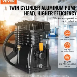 VEVOR Air Compressor Pump Head, 3HP 5.8CFM @ 90PSI, Twin Cylinder Oil Lubricated Air Compressor Piston Pump Head, Single-Stage Aluminum Air Compressor Pump Replacement with Max. 116PSI Pressure