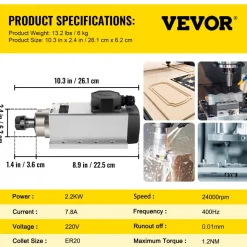 VEVOR Air Cooled Spindle Motor 2.2KW CNC Spindle Motor 220V Square Air Cooled Spindle Motor ER20 Collet 24000 RPM CNC Spindle 6A Spindle Motor 400 Hz for CNC Router Engraving Milling Machine