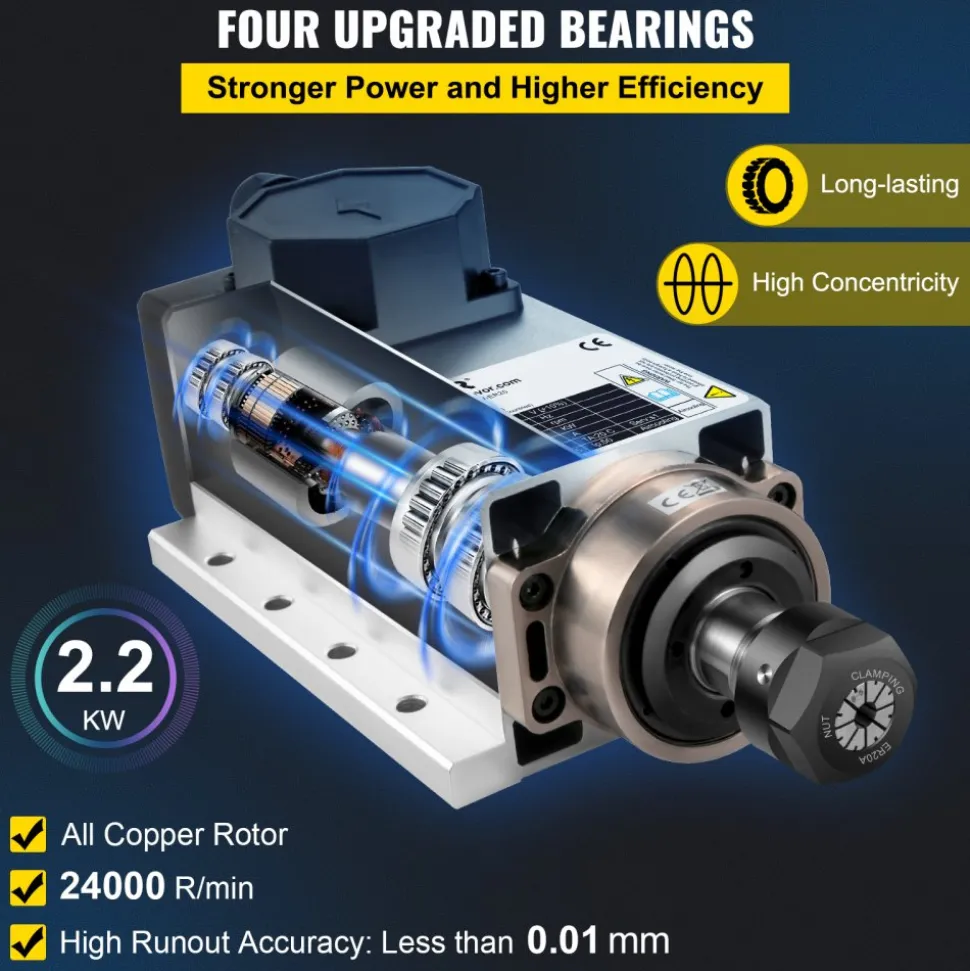 VEVOR Air Cooled Spindle Motor 2.2KW CNC Spindle Motor 220V Square Air Cooled Spindle Motor ER20 Collet 24000 RPM CNC Spindle 6A Spindle Motor 400 Hz for CNC Router Engraving Milling Machine