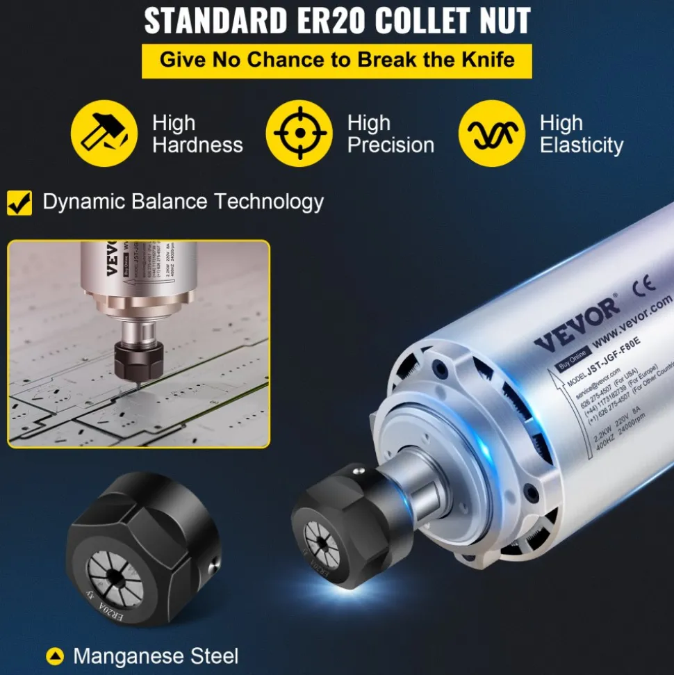 VEVOR Air Cooled Spindle Motor ER20 CNC Spindle Milling Motor 2.2KW Spindle Motor 24000 RPM 400 Hz for CNC Router Engraving Milling Grind Machine(220V)