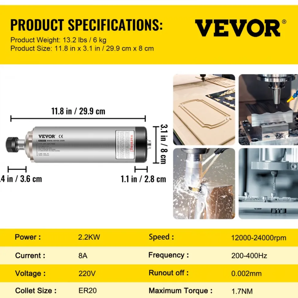 VEVOR Air Cooled Spindle Motor ER20 CNC Spindle Milling Motor 2.2KW Spindle Motor 24000 RPM 400 Hz for CNC Router Engraving Milling Grind Machine(220V)