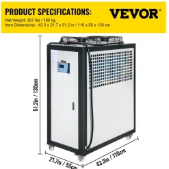 VEVOR Air Cooled Water Chiller 5 Ton Portable, 5Hp 53L Tank Industrial Chiller, Finned Condenser w/Micro-Computer Control, 15KW Cooling Capacity Stainless Steel Tank Chiller Machine for Cooling Water