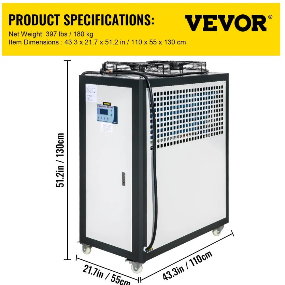 VEVOR Air Cooled Water Chiller 5 Ton Portable, 5Hp 53L Tank Industrial Chiller, Finned Condenser w/Micro-Computer Control, 15KW Cooling Capacity Stainless Steel Tank Chiller Machine for Cooling Water