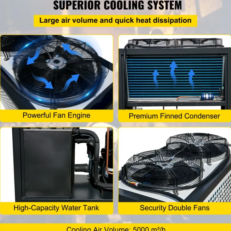 VEVOR Air Cooled Water Chiller 5 Ton Portable, 5Hp 53L Tank Industrial Chiller, Finned Condenser w/Micro-Computer Control, 15KW Cooling Capacity Stainless Steel Tank Chiller Machine for Cooling Water